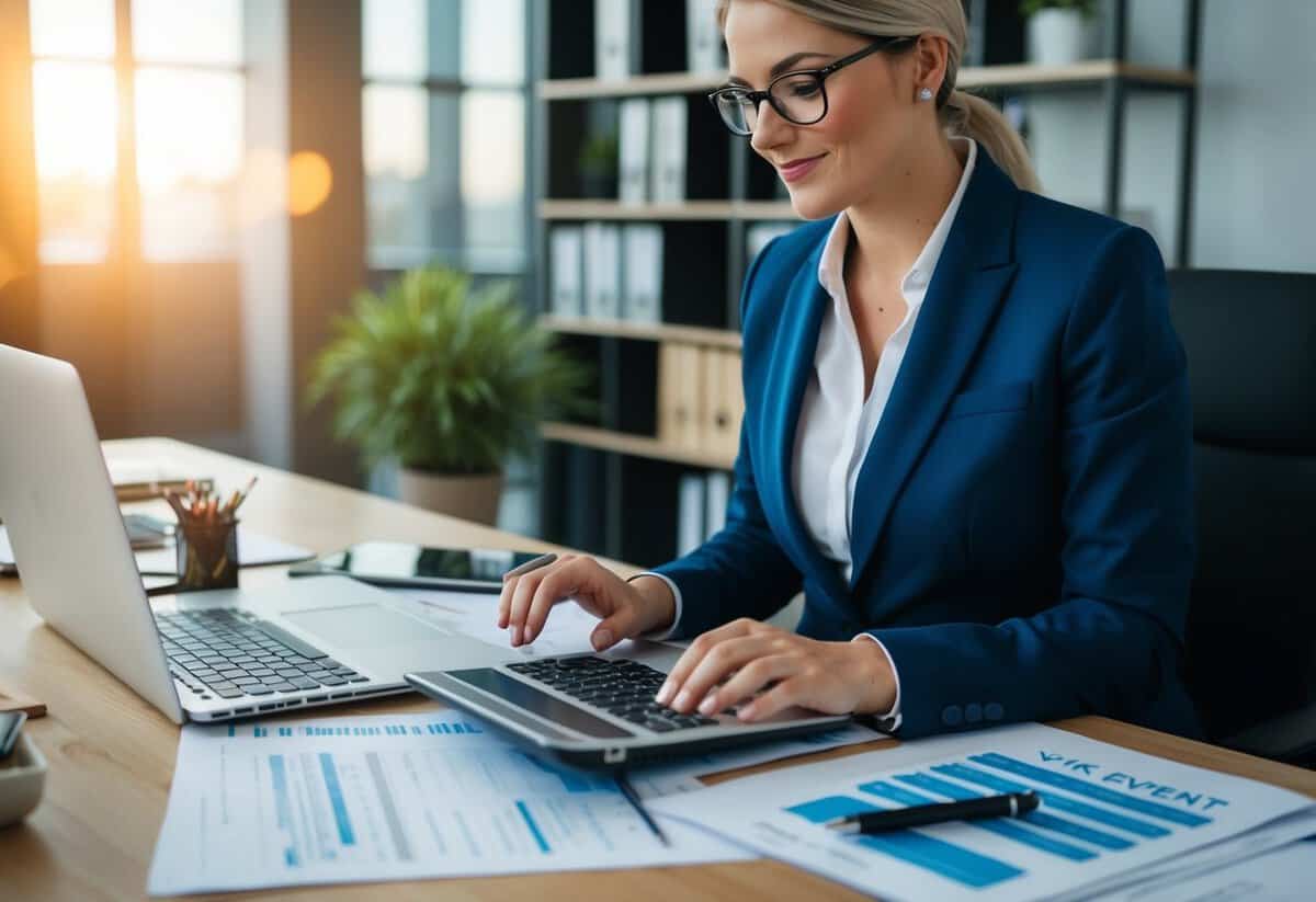 An event planner at a desk, surrounded by paperwork and a laptop, calculating costs and fees for a UK event