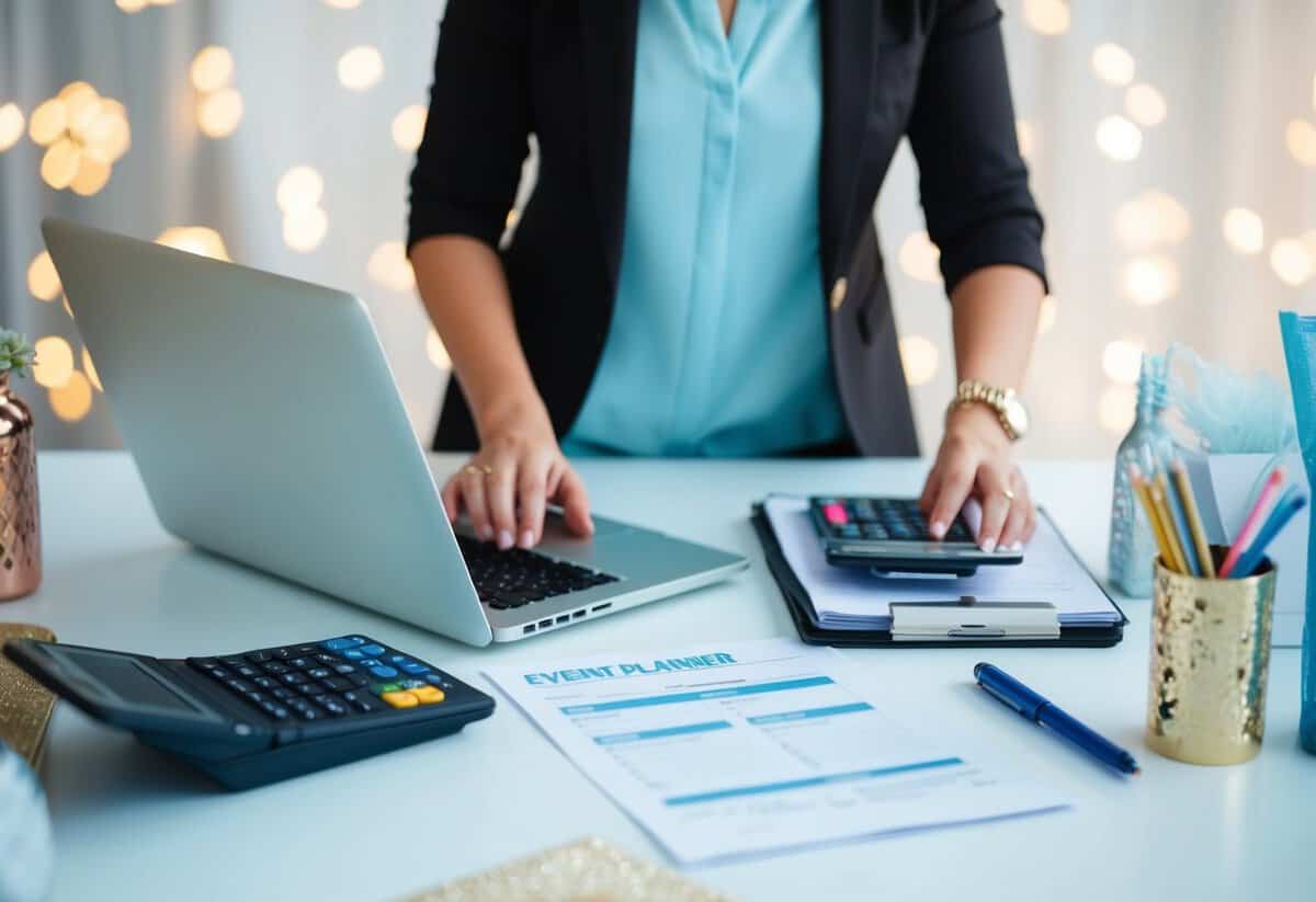 An event planner at a desk with a laptop, calculator, and paperwork, surrounded by event decor and supplies