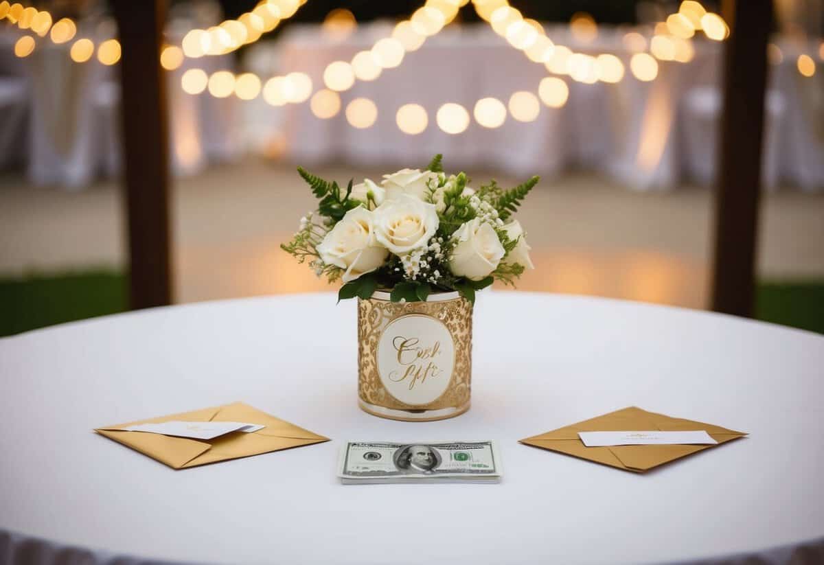 A wedding gift table with envelopes and a decorative box for cash gifts