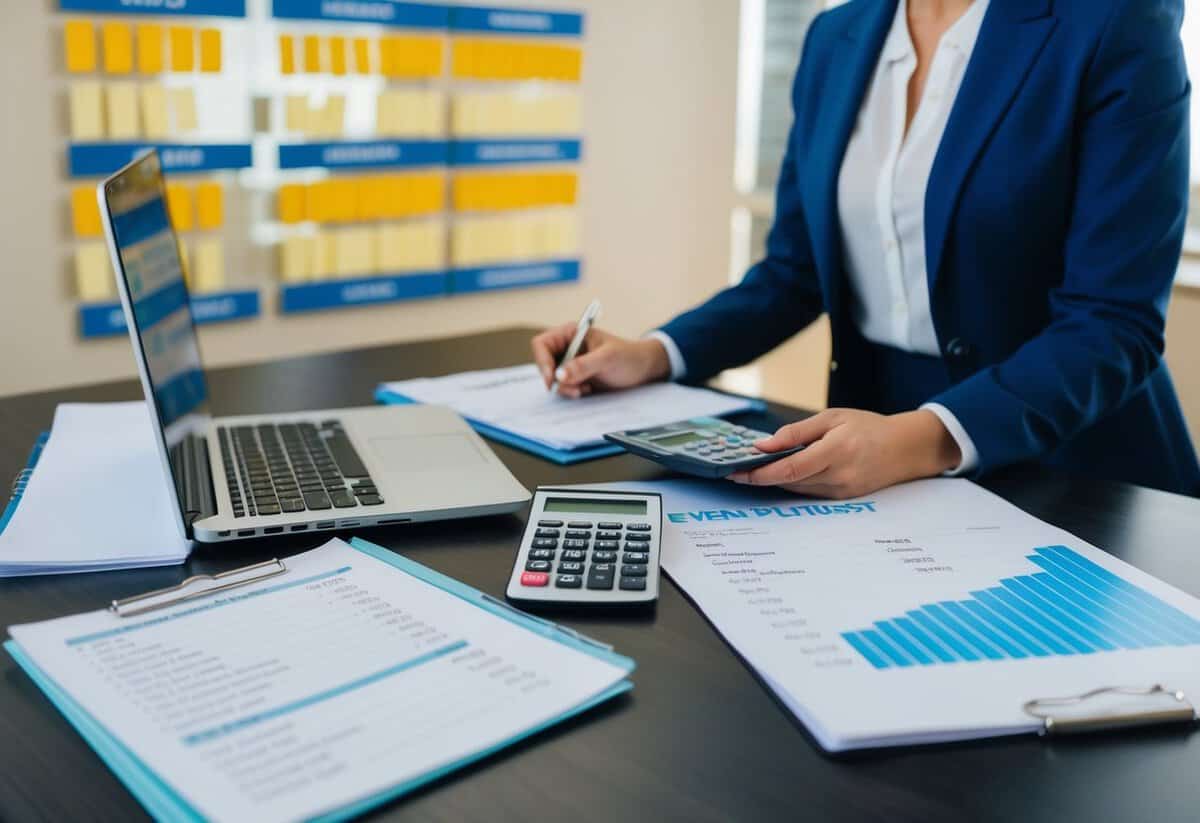 An event planner at a desk with a laptop, calculator, and paperwork. A price list or chart on the wall shows different event types and their specific costs