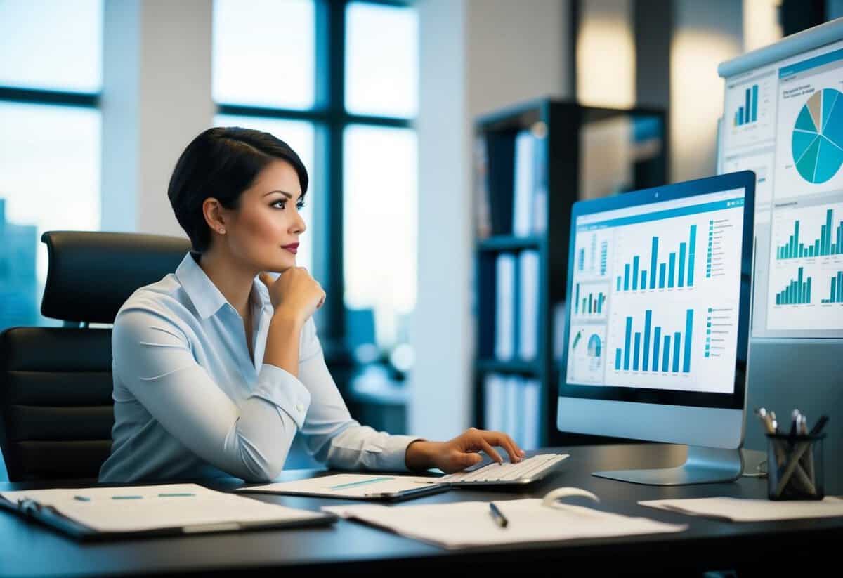 A planner sits at a desk in a modern office, surrounded by charts and graphs. They are deep in thought, analyzing data on a computer screen