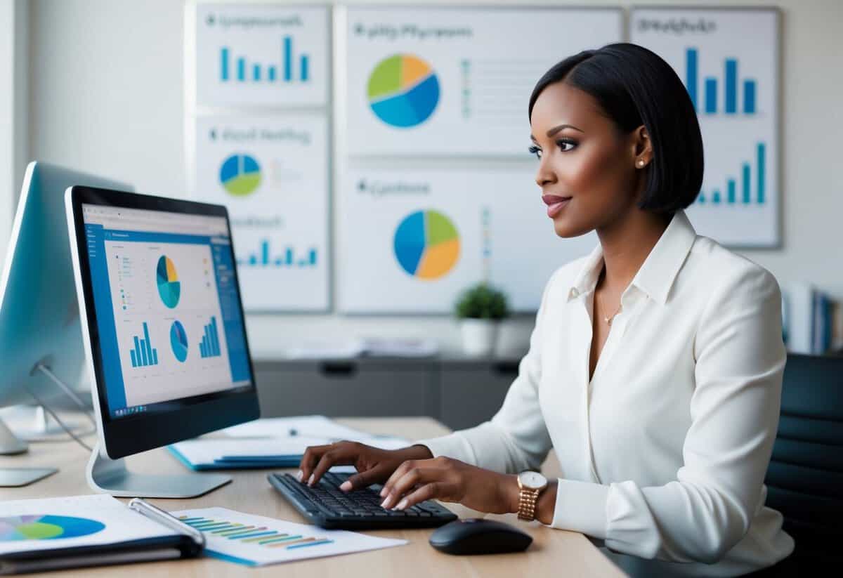 A planner at a desk, surrounded by charts and graphs, typing on a computer with a focused expression