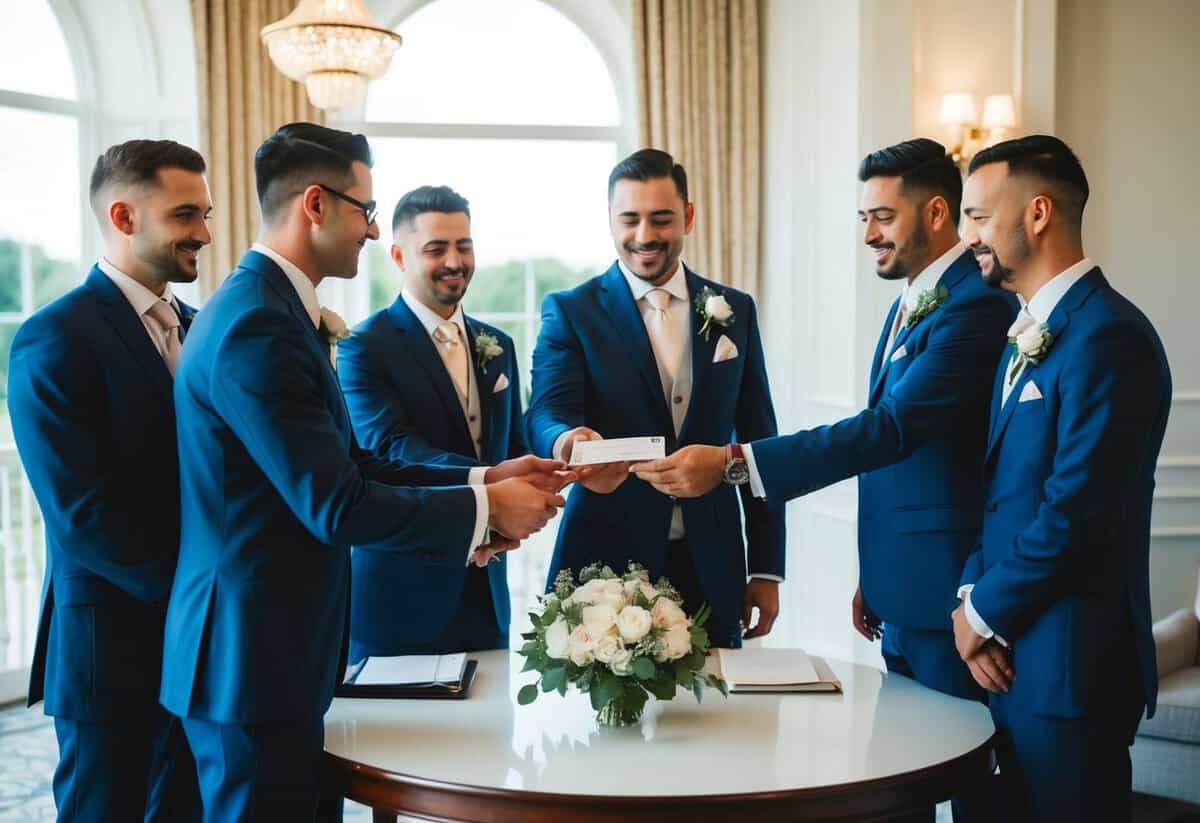 The groom hands over payment to the groomsmen in a formal setting