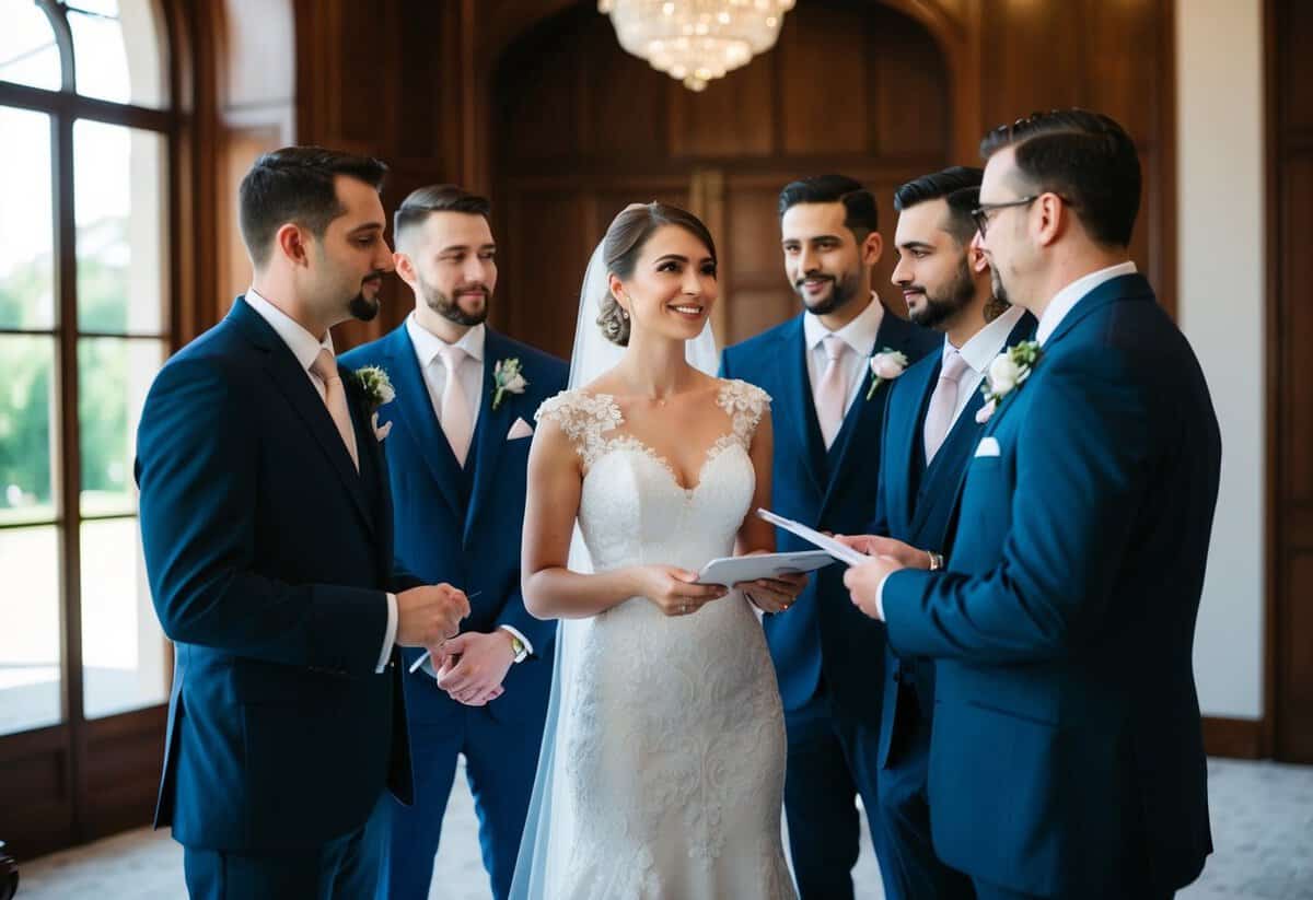 A bride and groom discussing wedding expenses with groomsmen in a formal setting