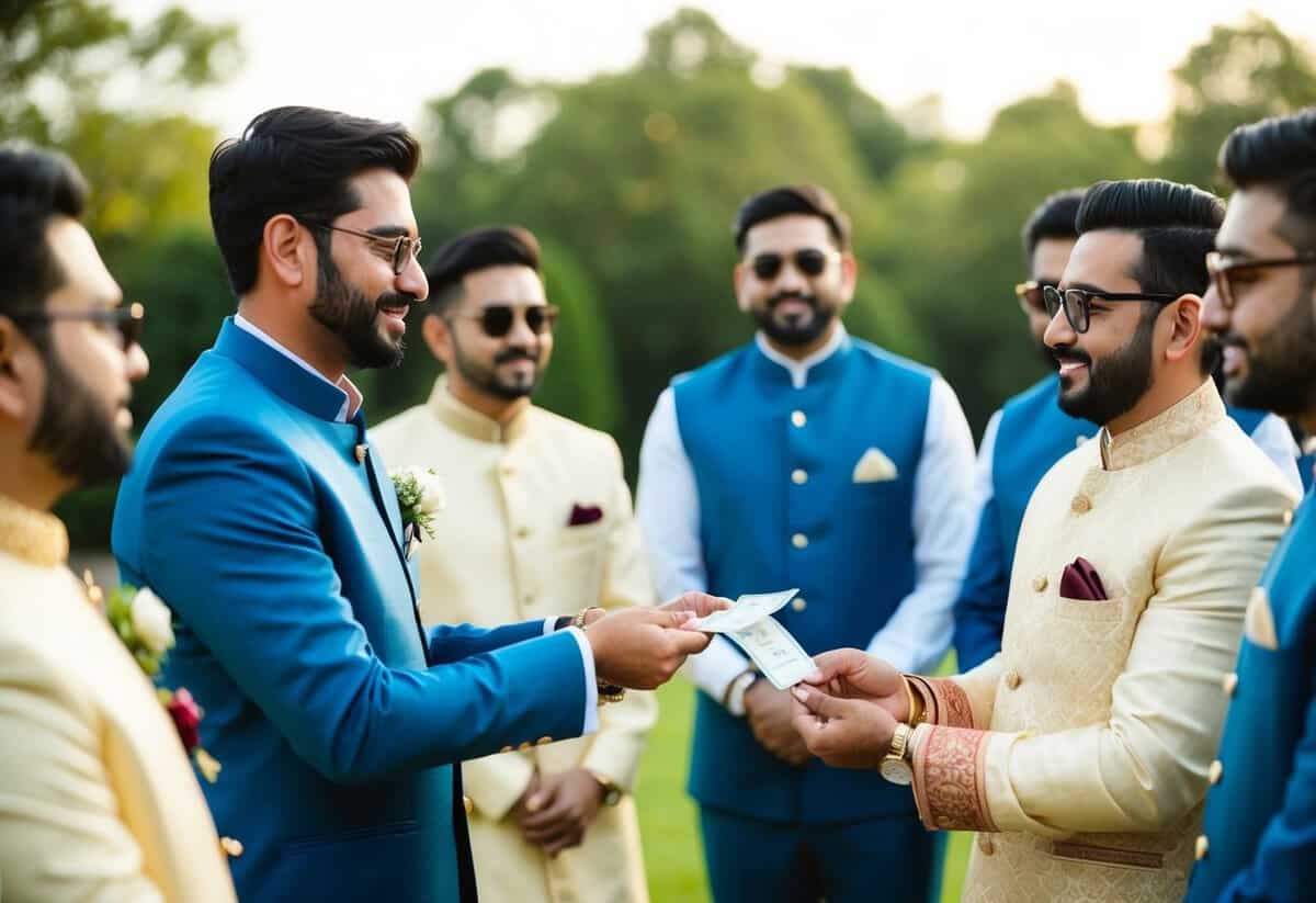 The groom hands over payment to the groomsmen, who are dressed in matching attire for the pre-wedding events