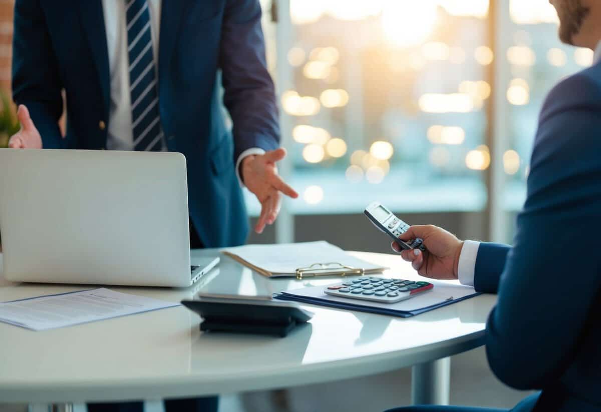 An event organizer stands behind a table with a laptop, papers, and a calculator. A client sits across from them, discussing pricing