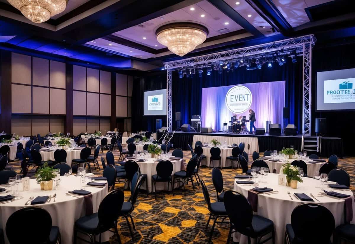 A bustling event venue with tables, chairs, and decorations. A stage is set up with lighting and sound equipment. A banner displays the event organizer's logo