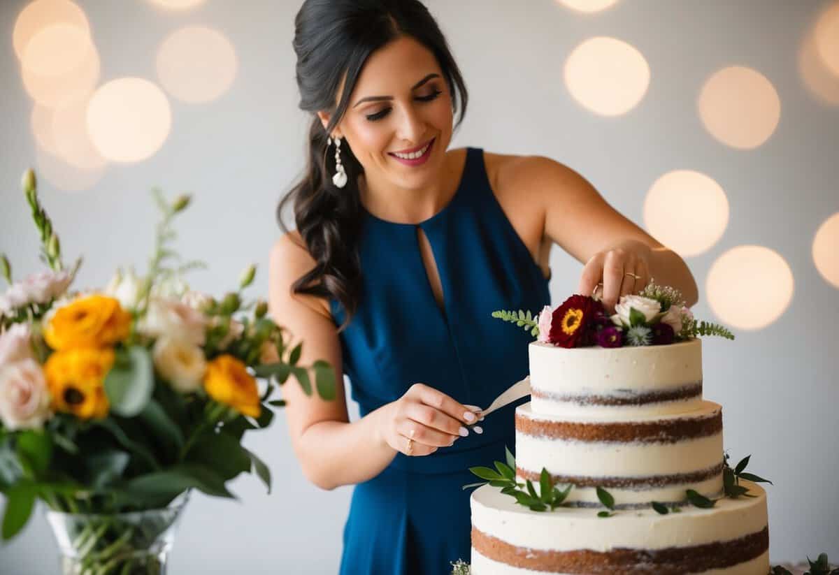 A woman arranging flowers on a wedding cake