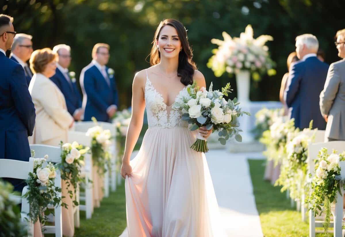 A woman stands in a flowing dress, holding a bouquet and smiling as she walks down the aisle. She is surrounded by flowers and the soft glow of sunlight