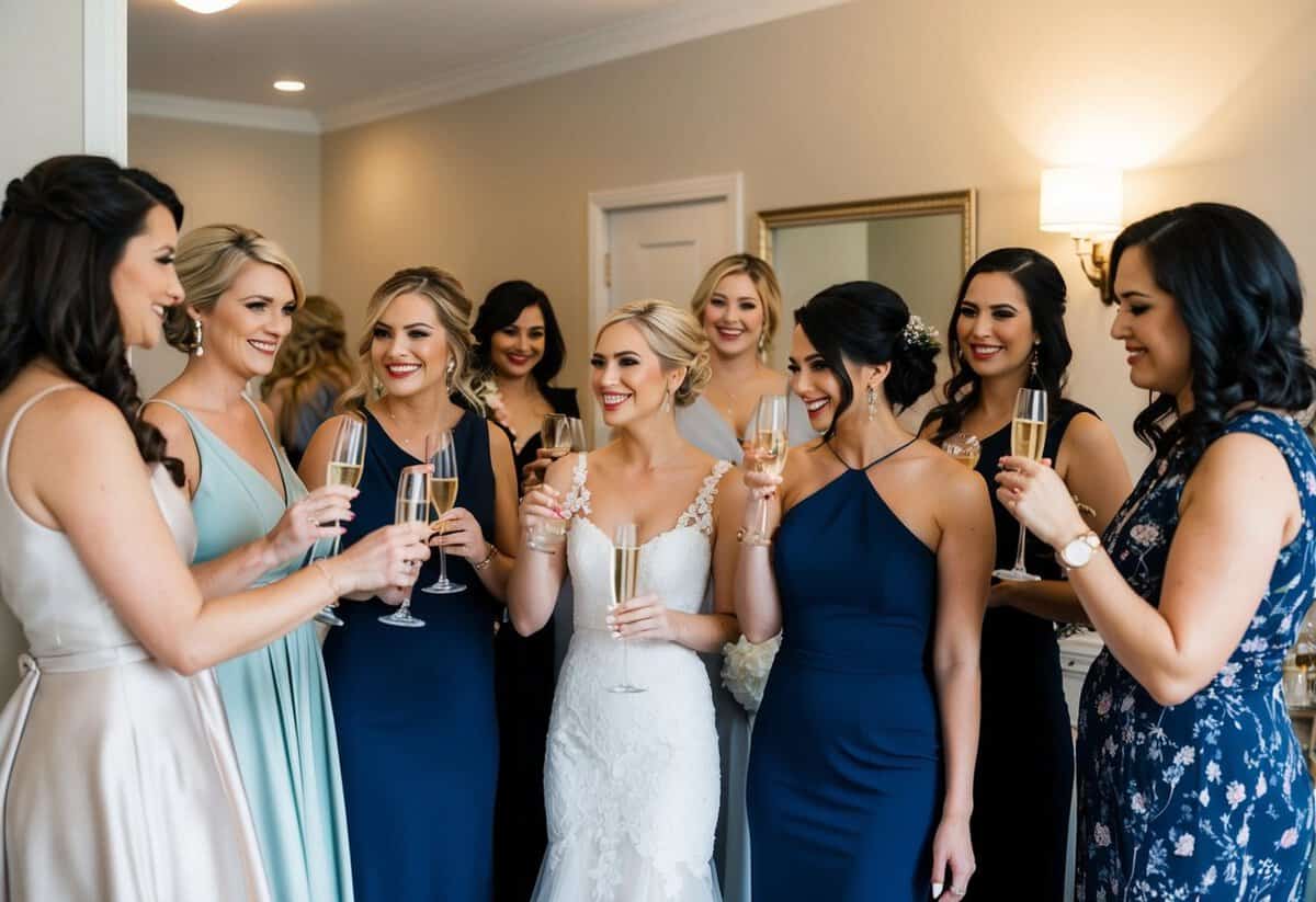 A group of women gather for a pre-wedding event, sipping champagne and trying on dresses while a stylist helps with hair and makeup
