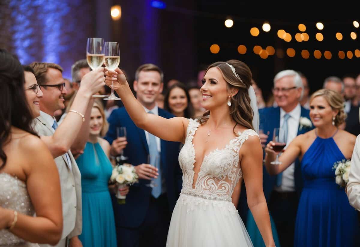 A woman in a flowing dress raises a glass in a toast among a crowd of guests at a wedding reception