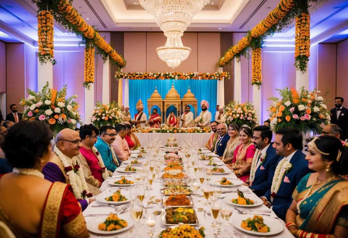 A traditional Indian wedding ceremony in the UK, with colorful decorations, floral arrangements, and a lavish banquet spread