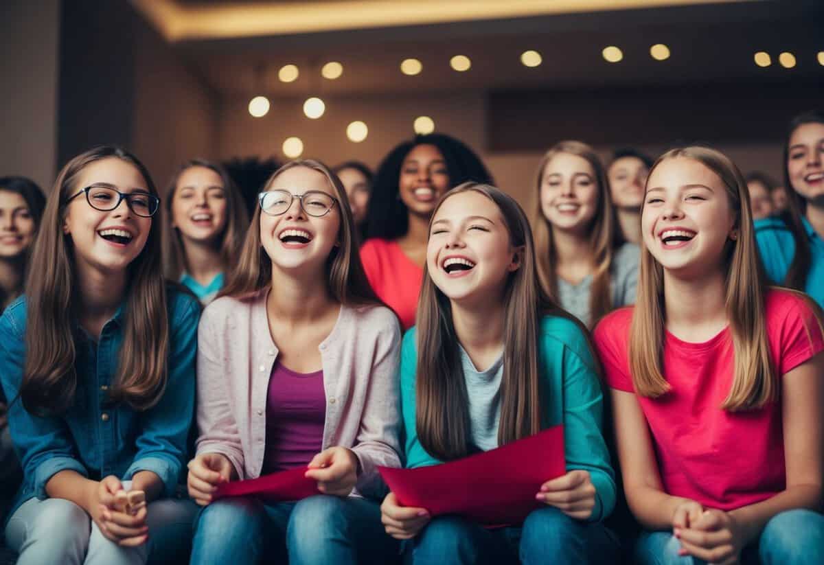 A group of teenage girls watching a movie together, laughing and enjoying themselves