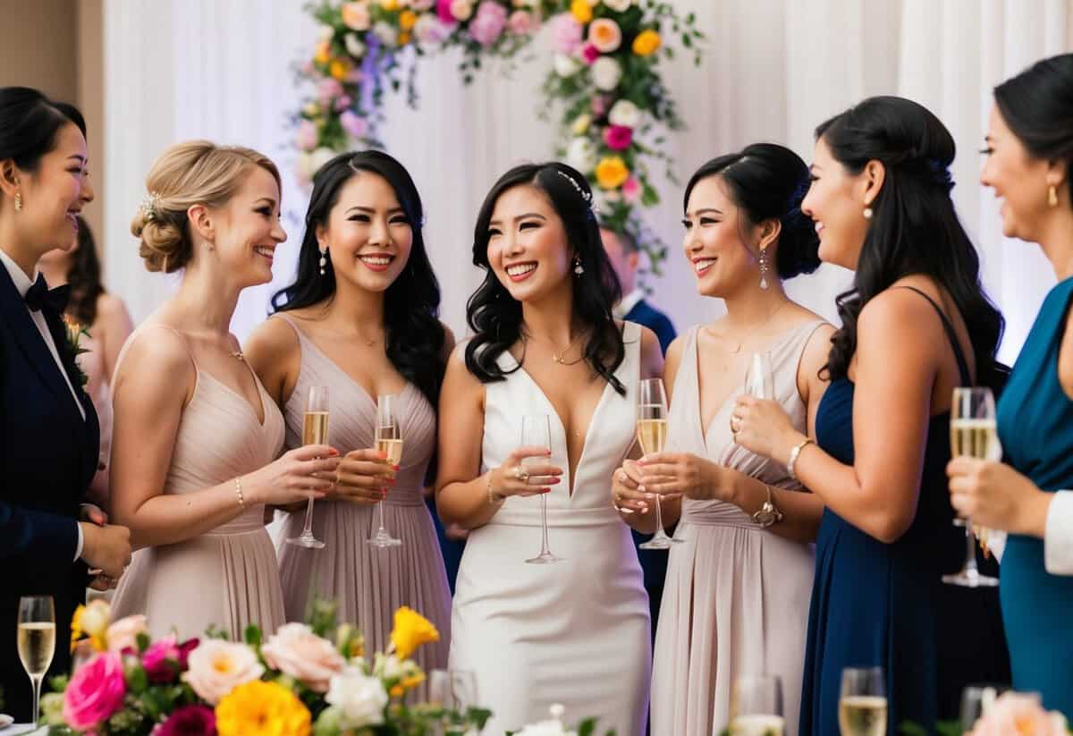 A group of elegantly dressed women stand together, smiling and chatting at a wedding reception. The scene is filled with flowers, champagne glasses, and colorful decorations