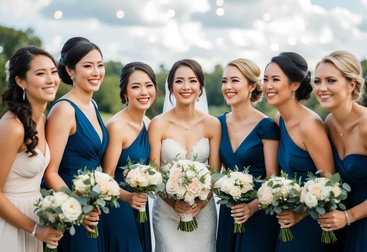 A group of women in elegant dresses stand together, smiling and holding bouquets. They appear to be celebrating at a wedding