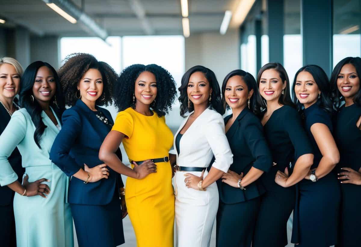 A group of diverse and well-dressed women stand together, displaying confidence and camaraderie. The scene exudes positivity and empowerment