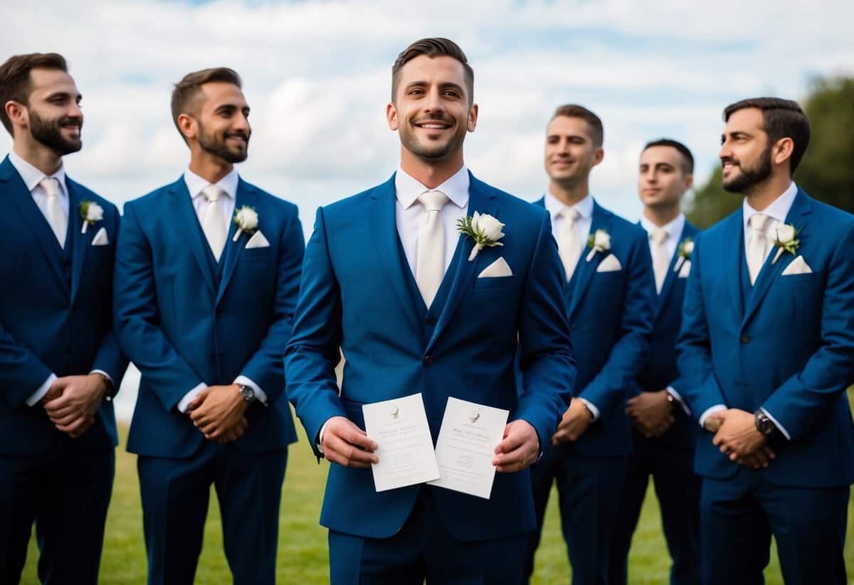 A group of groomsmen standing together, one of them holding two invitations while the others look on expectantly