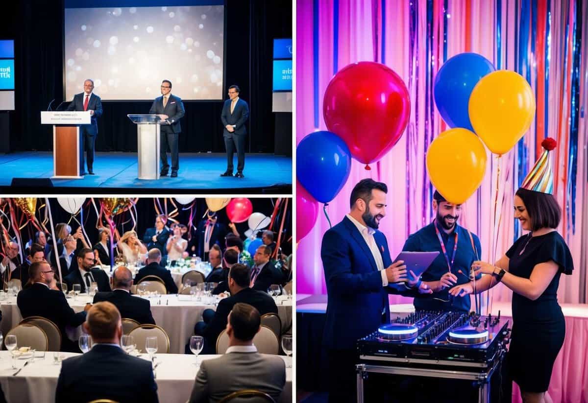 An event planner coordinating a corporate conference with a stage, podium, and seating arrangements, while a party planner organizes a lively birthday celebration with balloons, streamers, and a DJ
