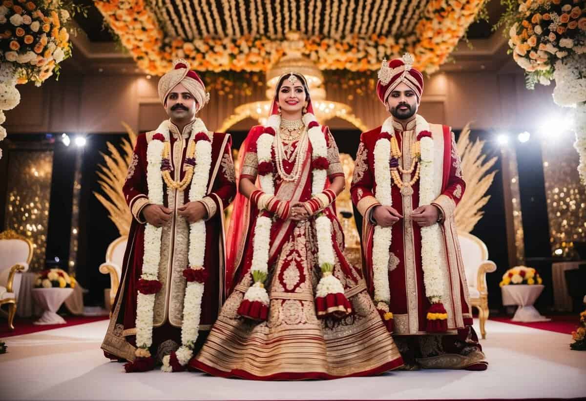 A grand, opulent Indian wedding with ornate floral decorations, lavish gold and red accents, and extravagant traditional attire