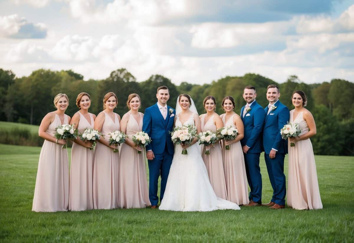 A bride and groom standing in the center, surrounded by six bridesmaids and six groomsmen, all smiling and holding bouquets and boutonnieres