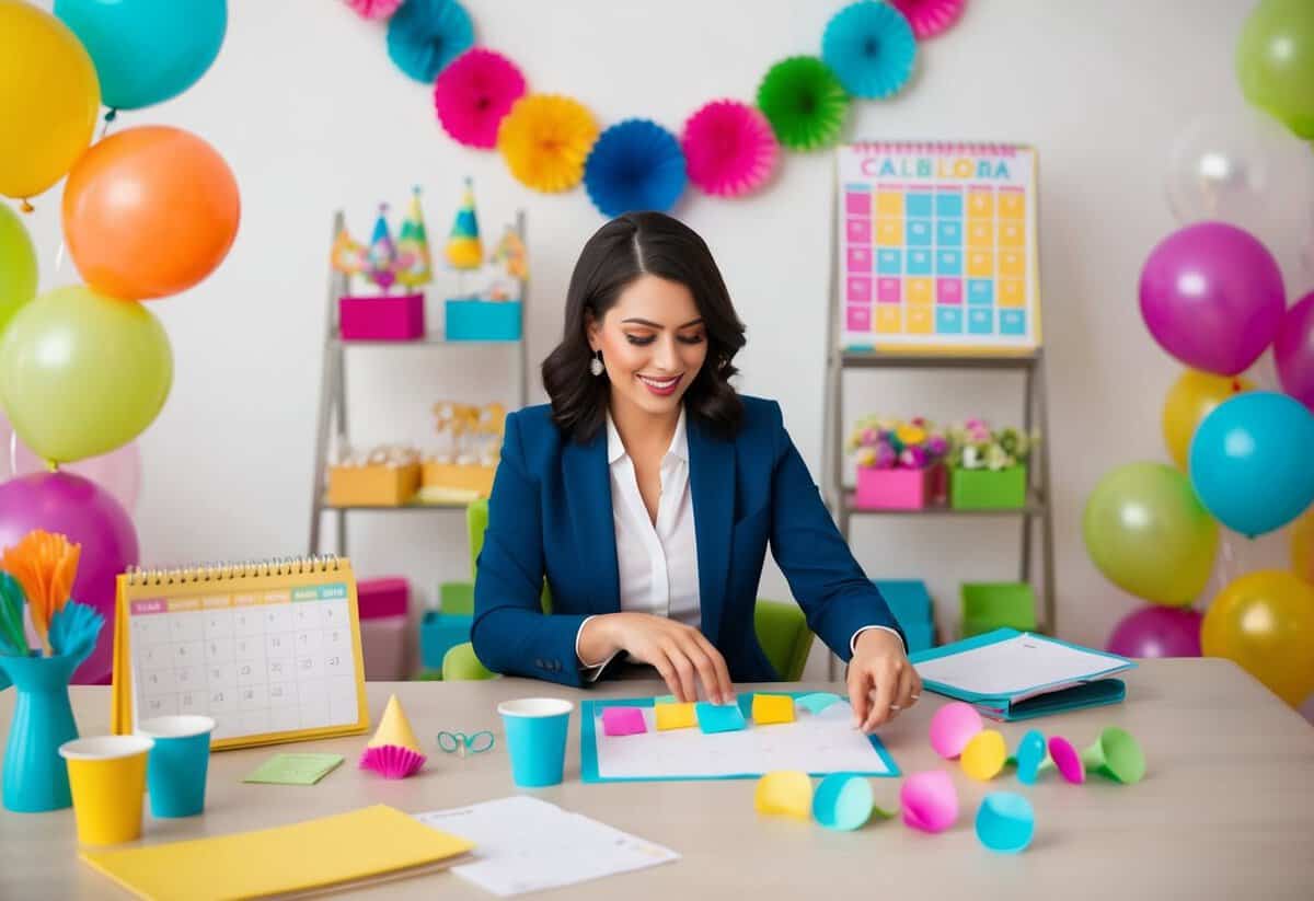 A party planner sits at a desk, surrounded by colorful event decorations and a calendar. They are arranging details for an upcoming celebration