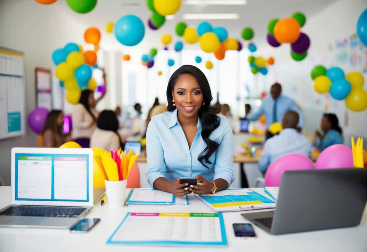 A busy event planner at a desk, surrounded by calendars, spreadsheets, and colorful party decorations. A laptop and phone show signs of constant communication and organization