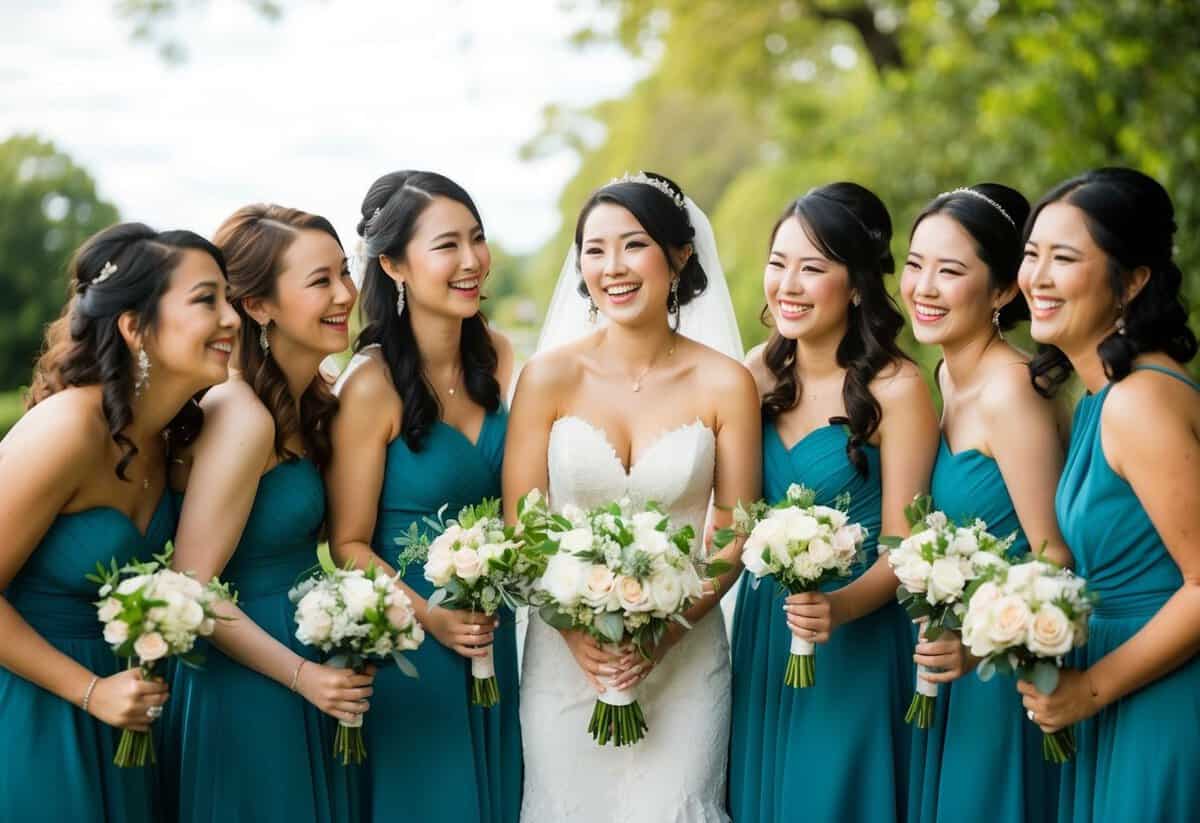 A bride surrounded by a small group of close friends, each holding a bouquet, smiling and laughing together in a beautiful outdoor setting