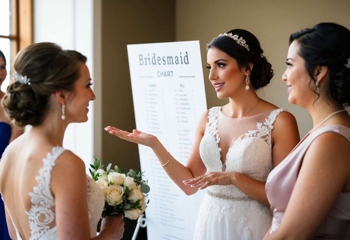A bride talking to a bridesmaid, gesturing to a seating chart with only the bridesmaid's name on it