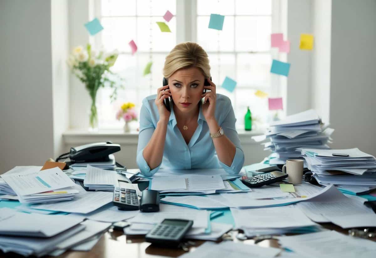 A wedding planner surrounded by a chaotic mess of scattered papers, missed phone calls, and stressed expressions