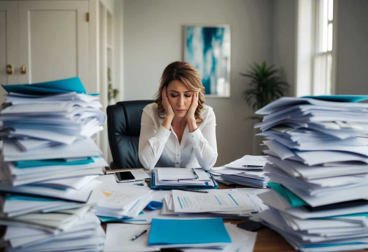 A wedding planner surrounded by piles of paperwork and a cluttered desk, looking stressed and overwhelmed by the amount of work