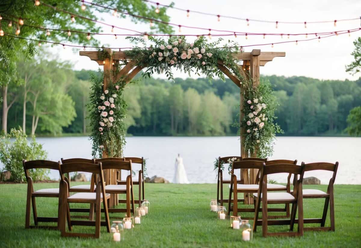 A rustic outdoor wedding under a floral arch, with string lights and wooden chairs, surrounded by lush greenery and a serene lake