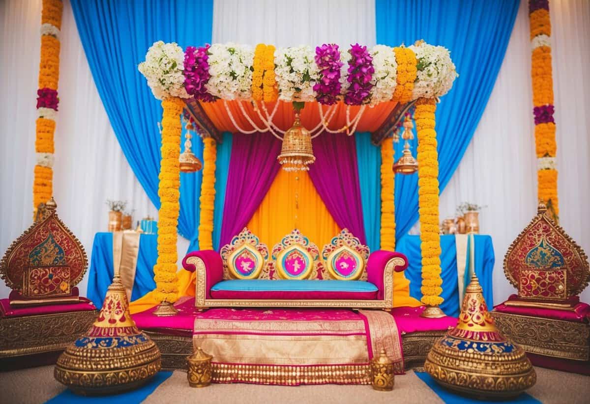A colorful mandap adorned with flowers and fabric, surrounded by decorative elements and traditional Indian wedding symbols