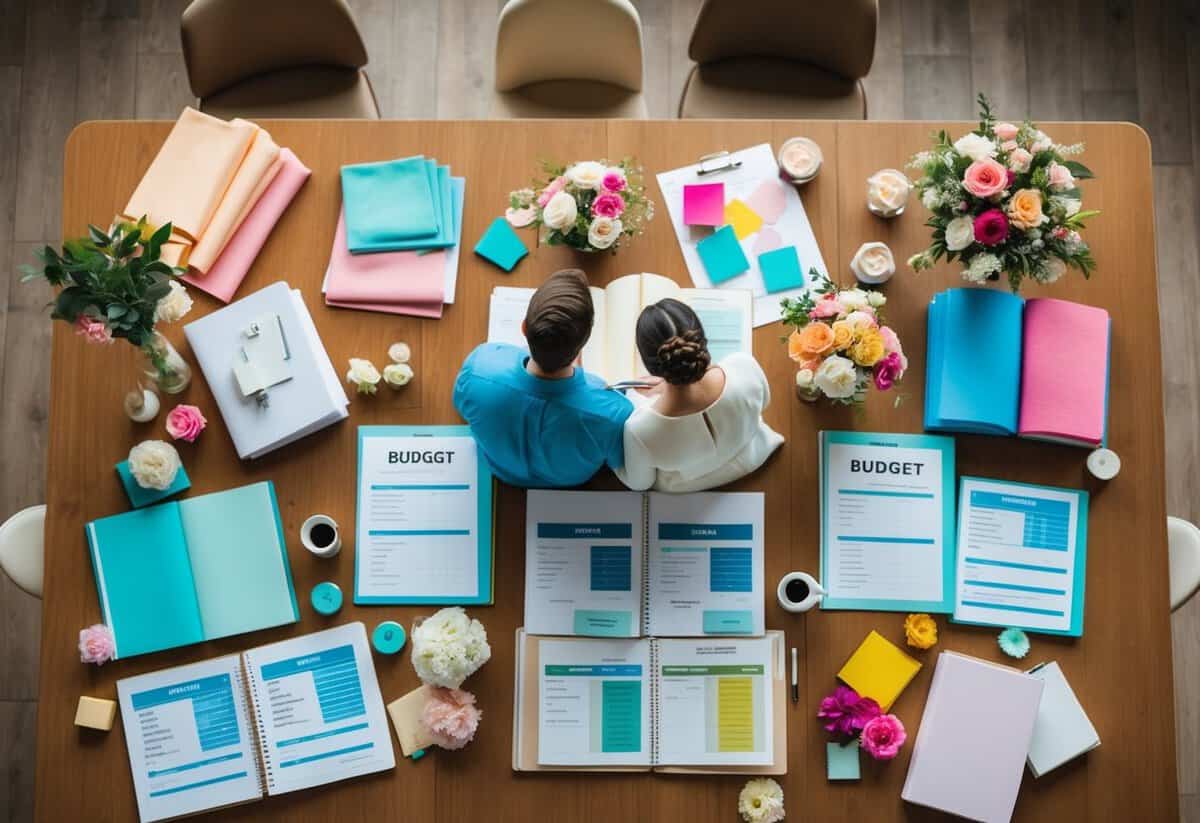 A couple sitting at a table covered in wedding planning books and budget spreadsheets, surrounded by colorful swatches of fabric and samples of flowers