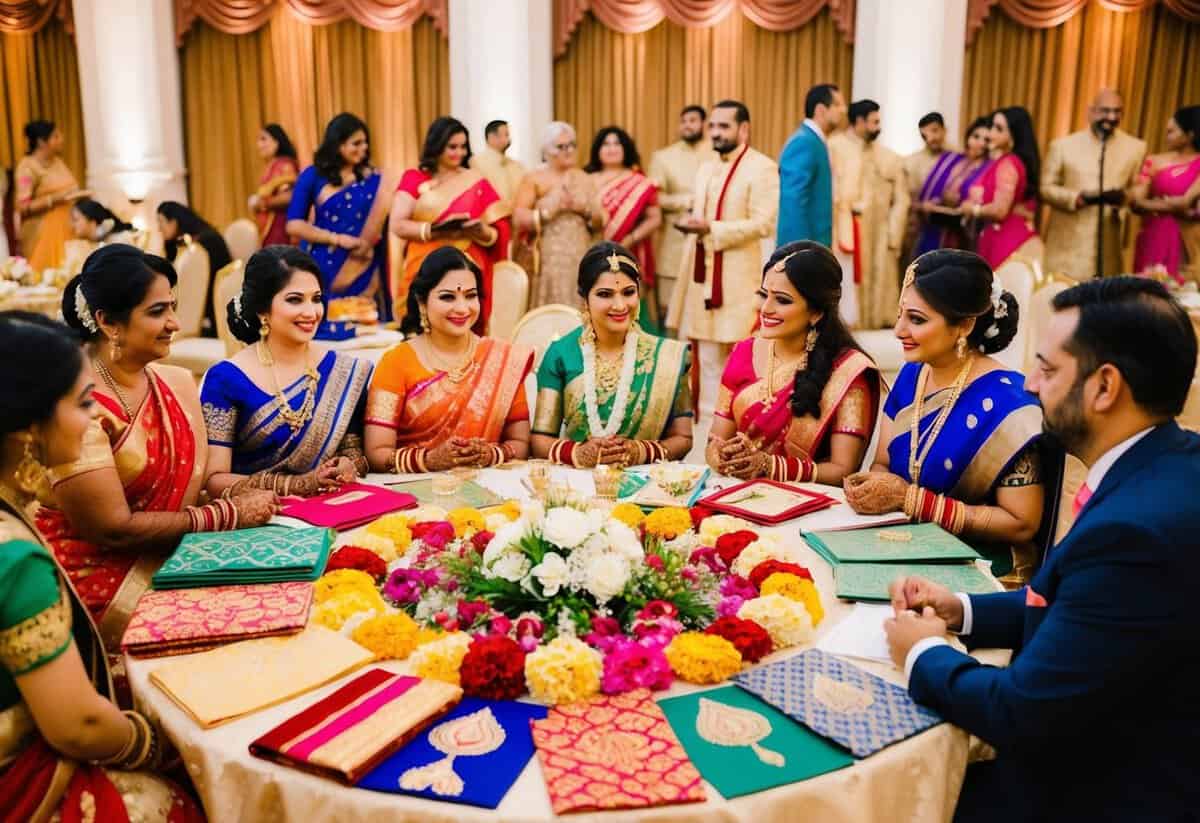 A group of wedding planners and vendors meet to discuss and organize an elaborate Indian wedding. Tables are covered with colorful fabric samples, floral arrangements, and intricate invitation designs