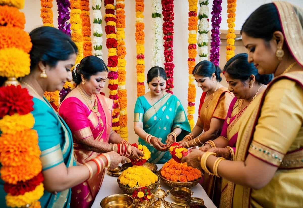A group of women arranging colorful flowers and intricate decorations for an Indian pre-wedding ceremony