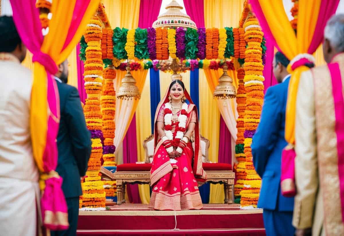 A vibrant Indian wedding ceremony with colorful decor, intricate mandap, and traditional rituals