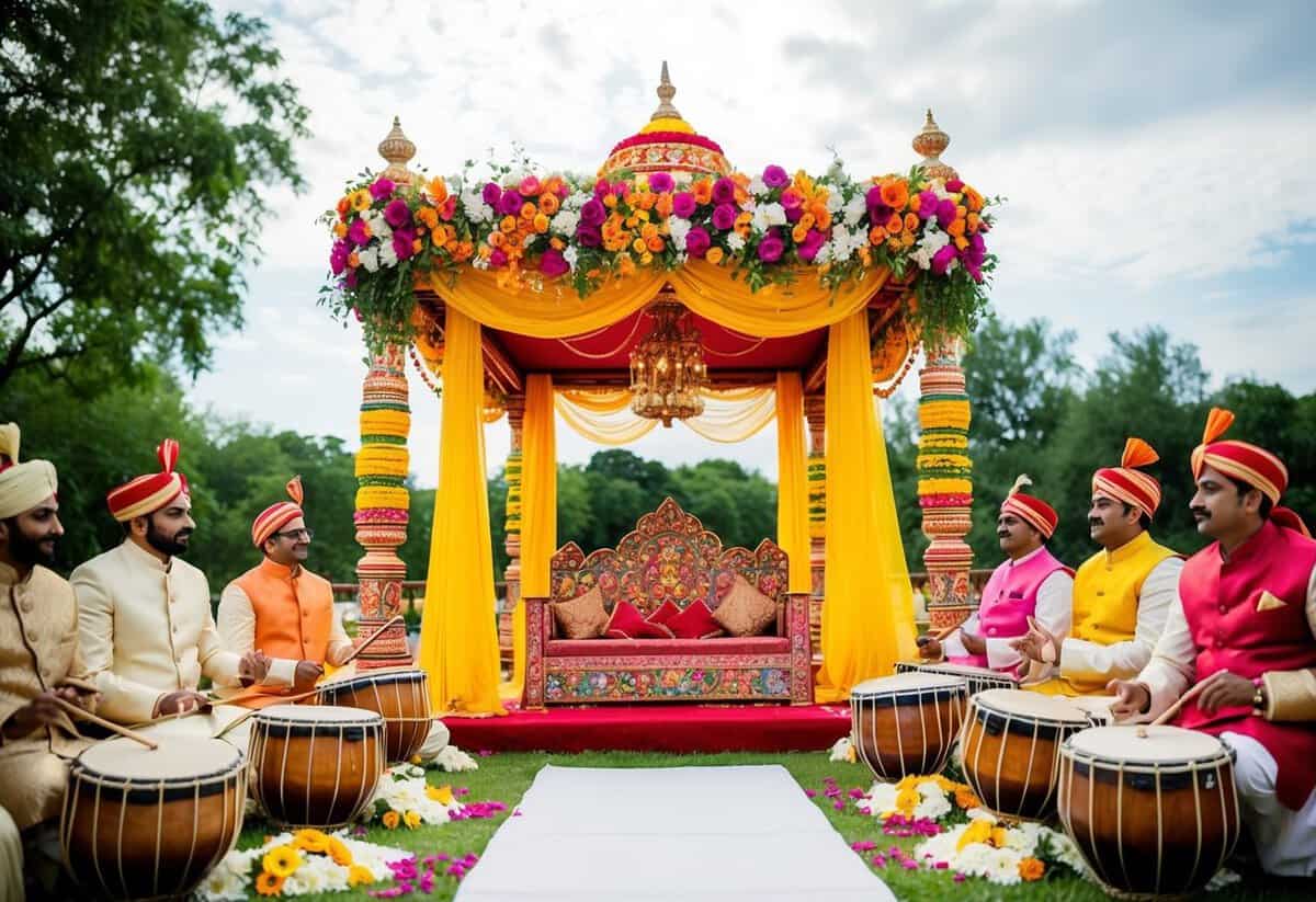 A colorful mandap adorned with flowers and intricate designs, surrounded by musicians playing traditional Indian instruments, at an outdoor wedding venue