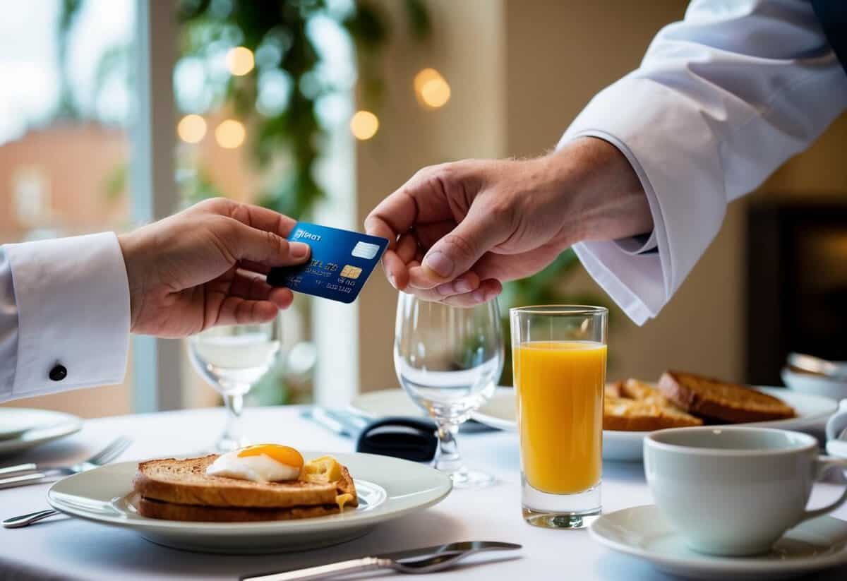 A groom's hand passes a credit card to a waiter at a breakfast table