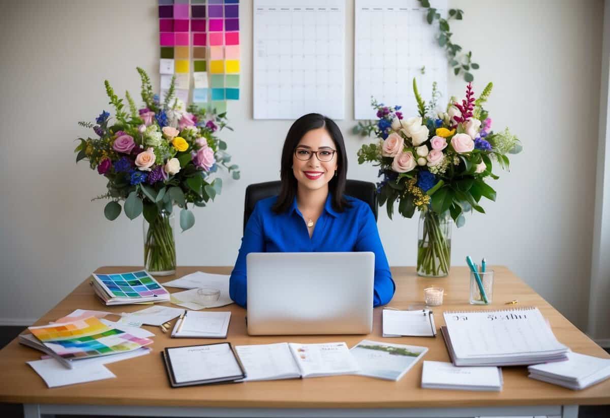 A freelance wedding planner sitting at a desk, surrounded by colorful swatches, floral arrangements, and wedding magazines. A laptop and calendar are open, with notes and sketches scattered around