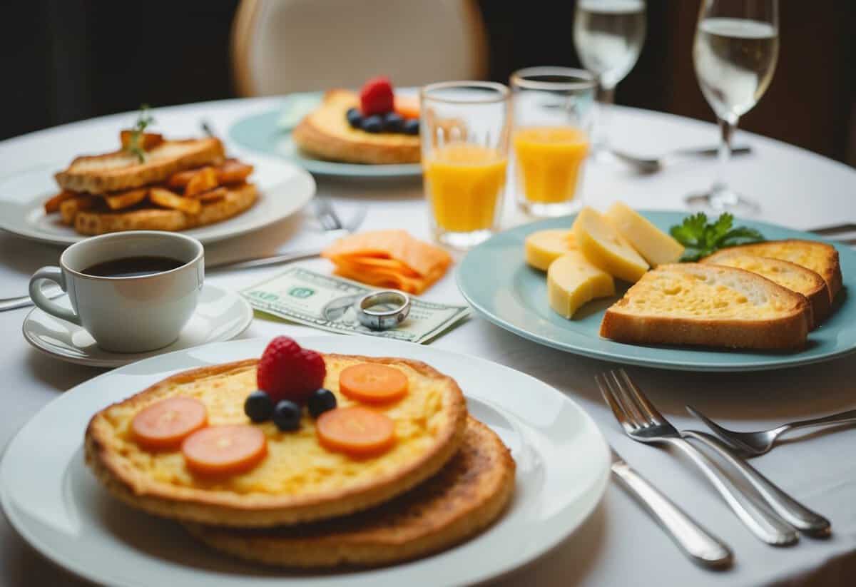 A table set with breakfast foods, a bill and a pair of wedding rings
