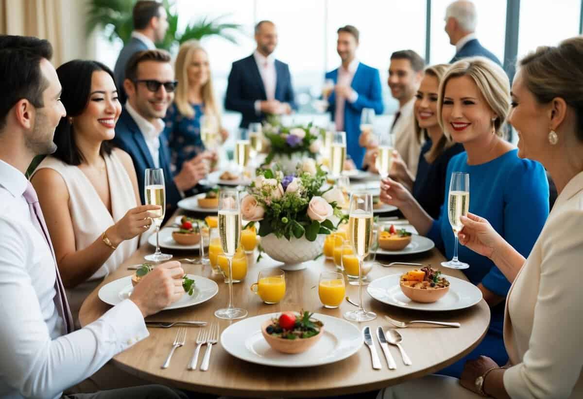 A table set with elegant brunch dishes and champagne glasses, surrounded by happy guests mingling and chatting