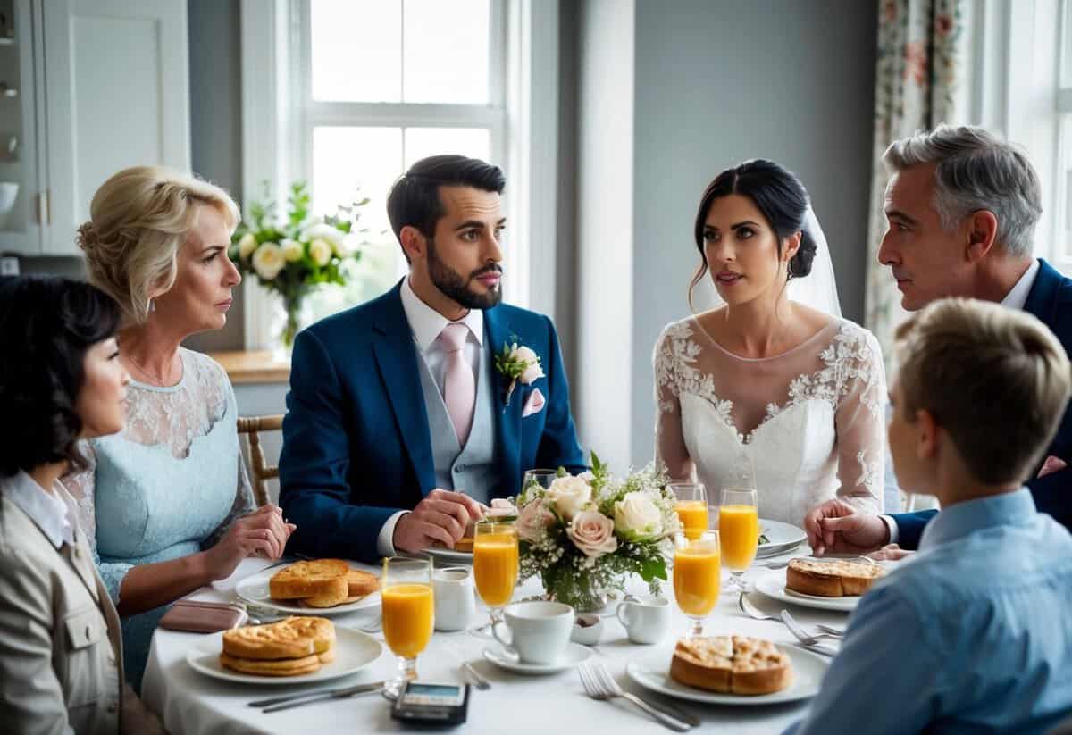 A newlywed couple and their families sit at a breakfast table, discussing who will cover the bill. The atmosphere is tense as they navigate the delicate topic of financial contributions