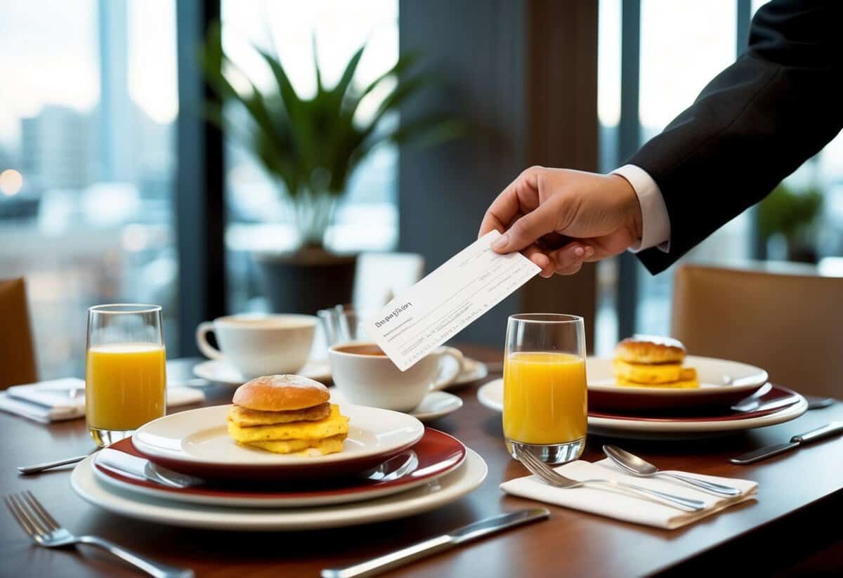 A table set with breakfast dishes and a check being handed to the server