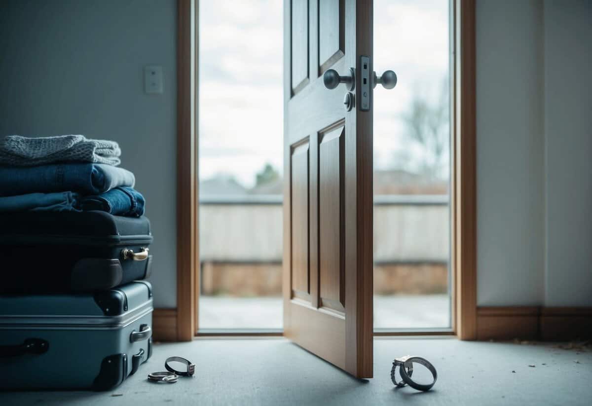 A deserted home with an open door, a discarded wedding ring, and a suitcase packed with clothes