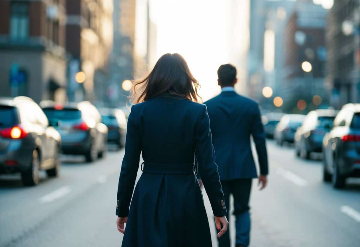 A woman walking away from a man, leaving behind a broken heart and a sense of determination