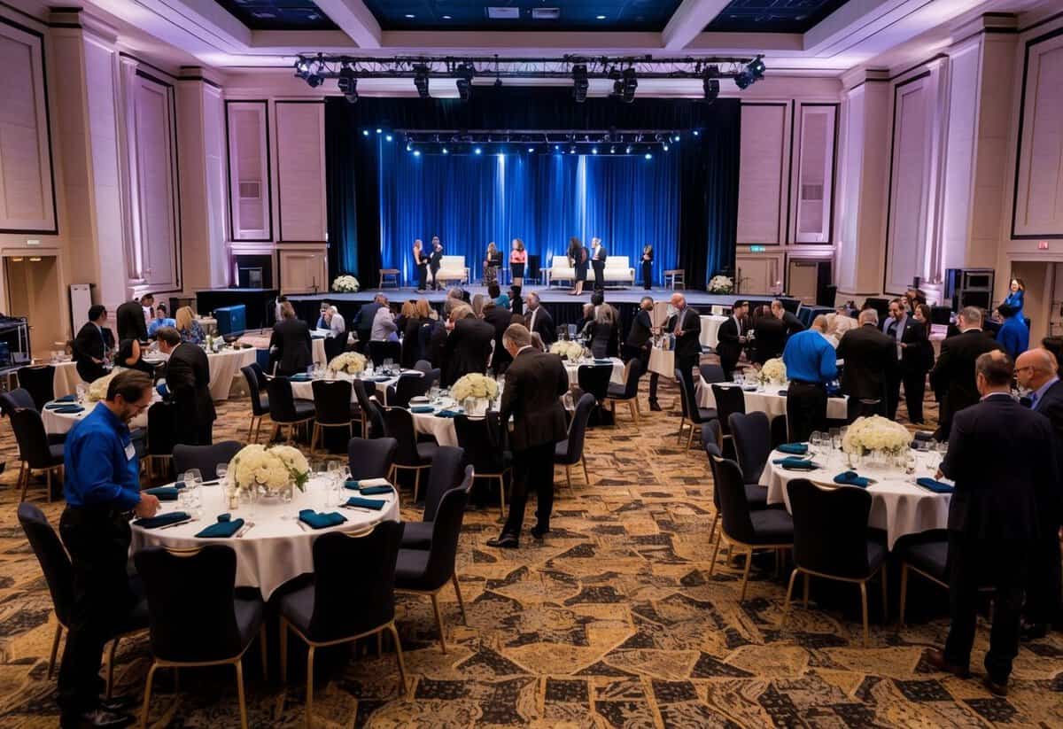 A bustling event venue with stage, seating, and decor. Staff are setting up equipment and arranging tables. Guests mingle and network