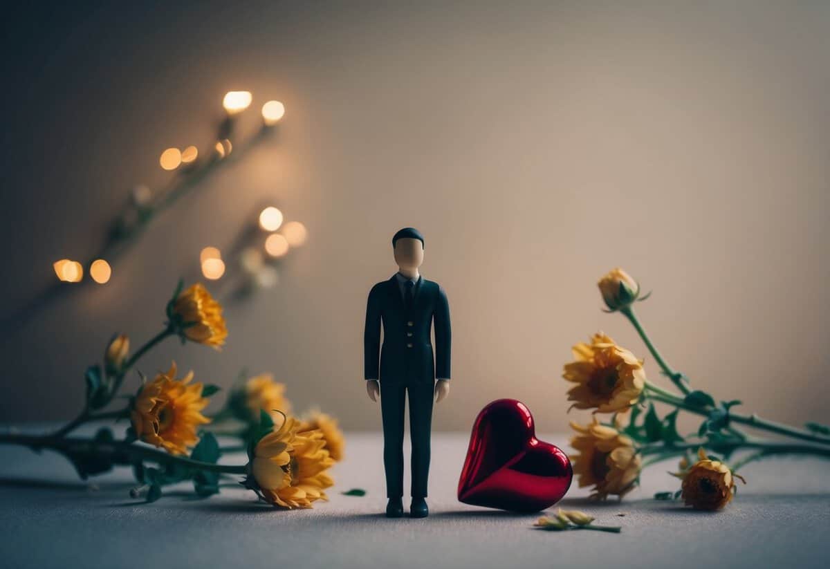 A single figure standing alone in a dimly lit room, surrounded by wilting flowers and a broken heart-shaped ornament