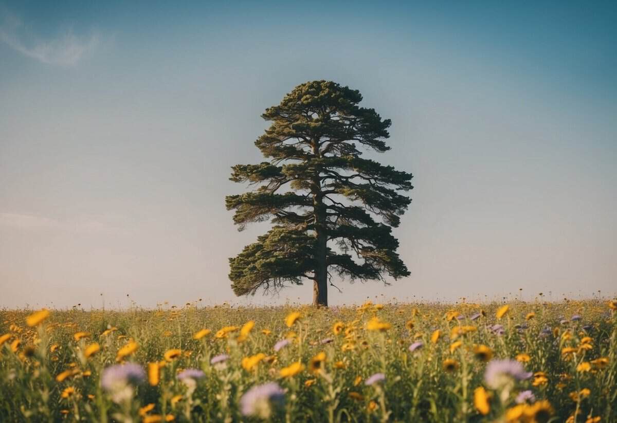 A lone tree standing tall amidst a field of wildflowers, symbolizing personal growth and resilience in the face of change