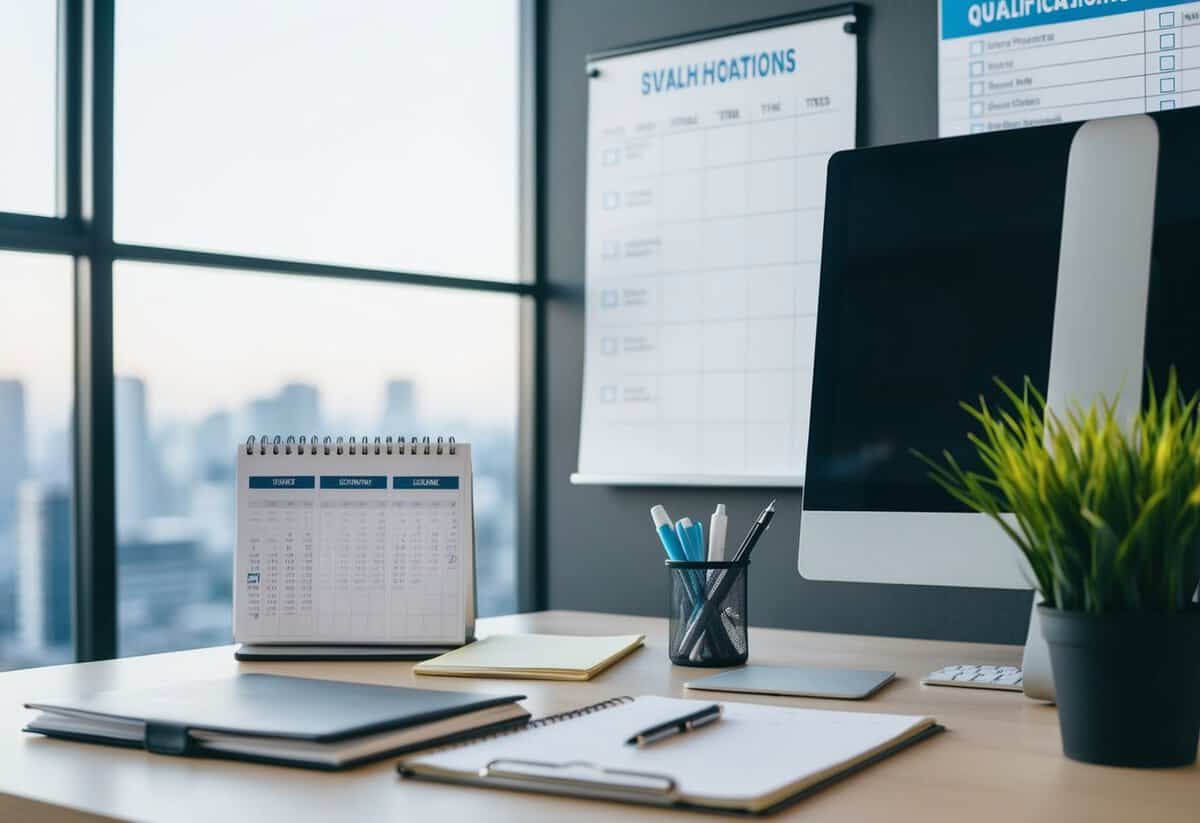 A desk with a calendar, pen, and computer. A checklist and qualifications chart on the wall