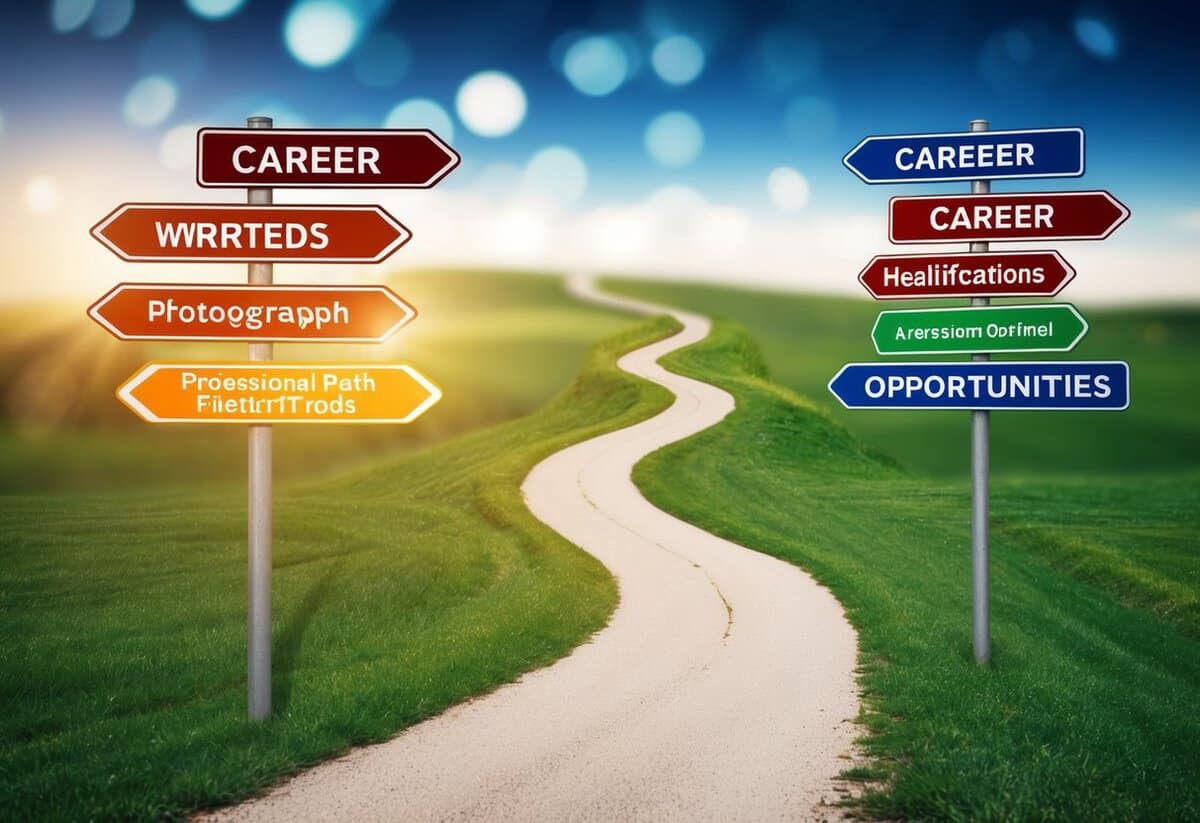 A winding path with directional signs leading to various career opportunities